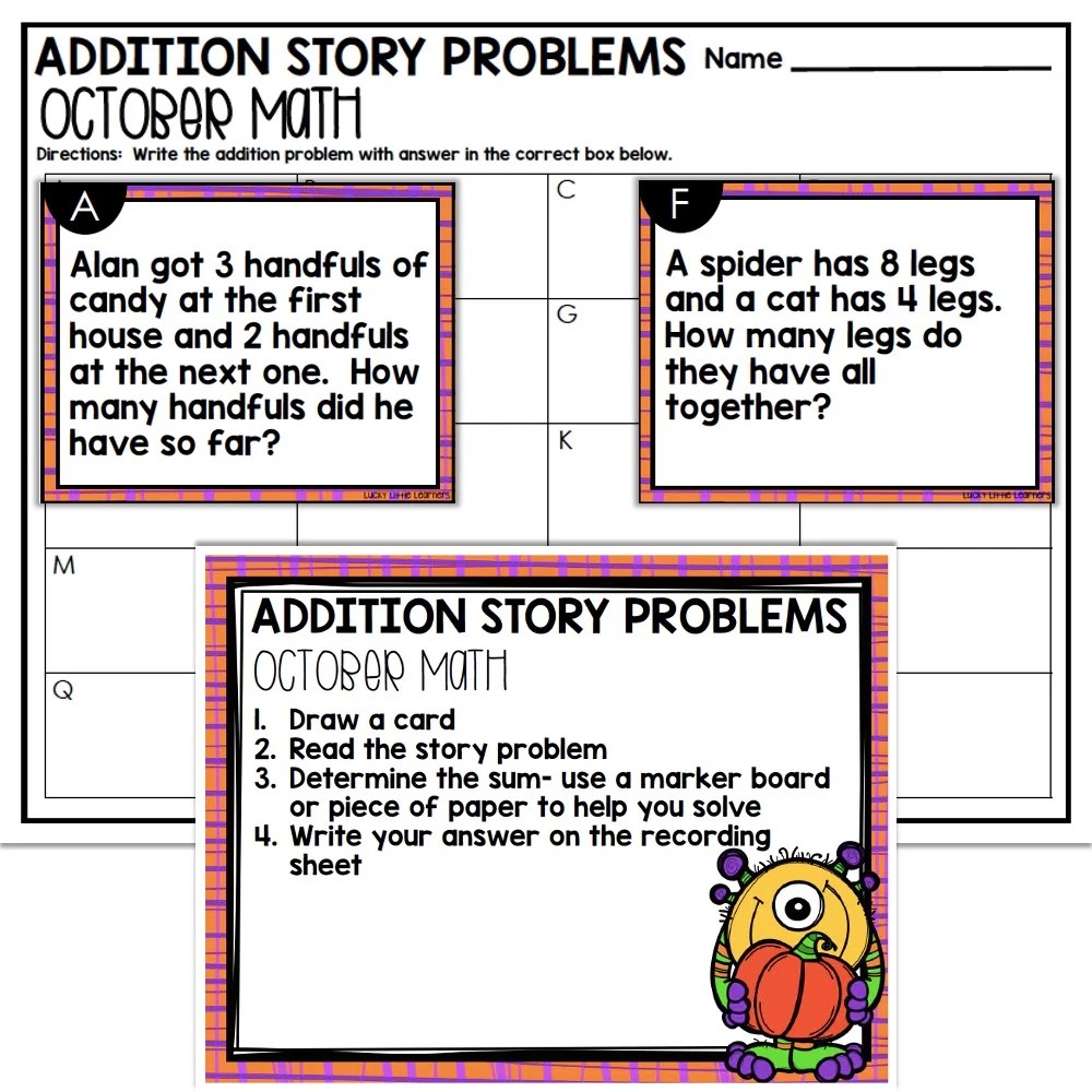 2nd Grade October Math Center Addition Story Problems Lucky Little