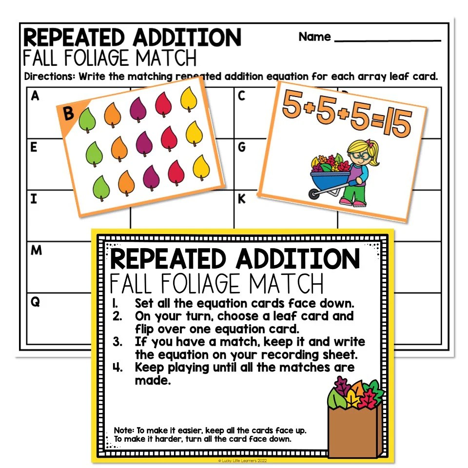 2nd Grade November Math Center Fall Foliage Match Repeated Addition