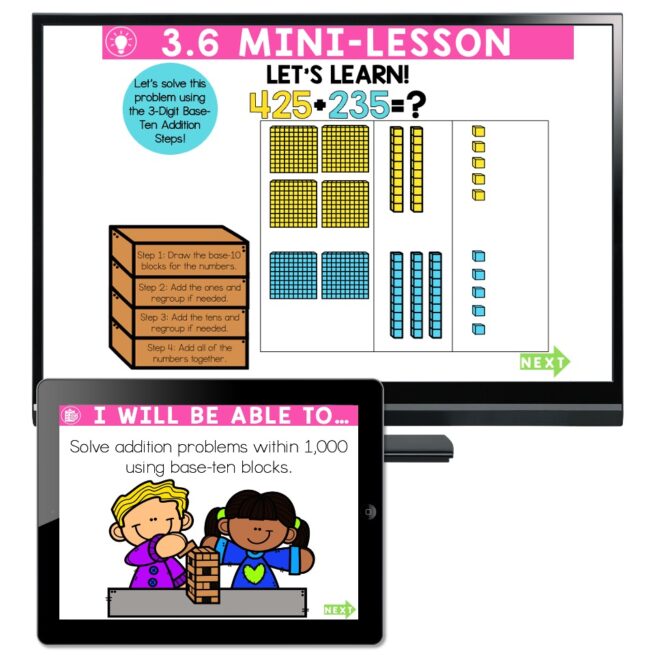Lucky to Learn Math 3Digit Addition with Base Ten Blocks Lesson 3.6 Teaching Slides