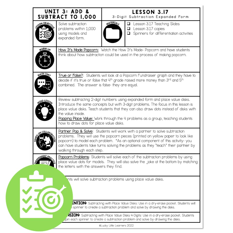 Lucky to Learn Math 3Digit Subtraction Expanded Form Lesson 3.17