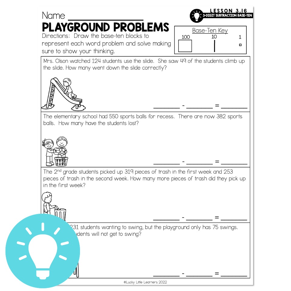 Lucky to Learn Math 3Digit Subtraction with BaseTen Blocks Lesson 3.16 Mini Lesson