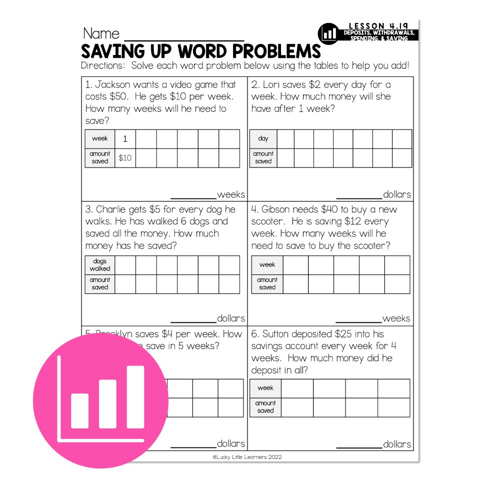 Lucky to Learn Math Deposits Withdrawals Saving Spending Lesson 4.