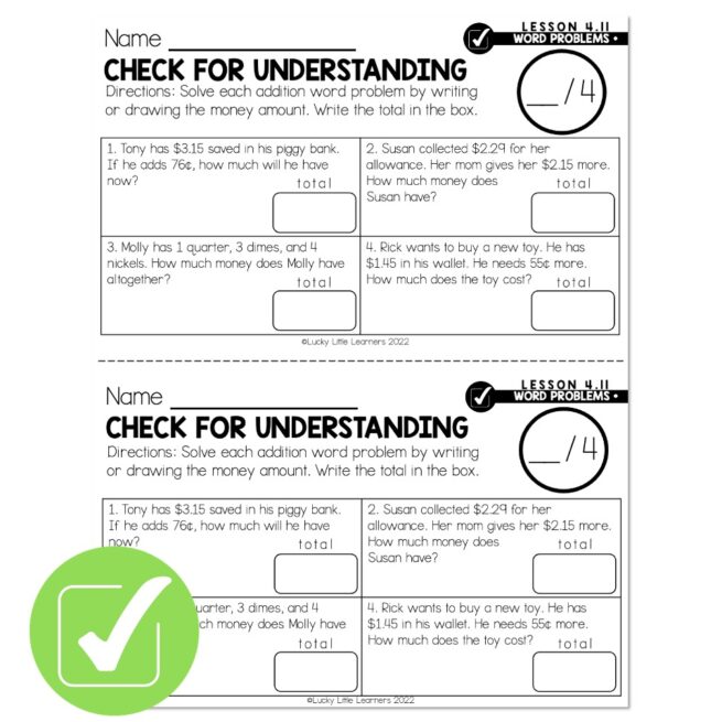 Lucky to Learn Math One Step Addition Money Word Problems Lesson 4.