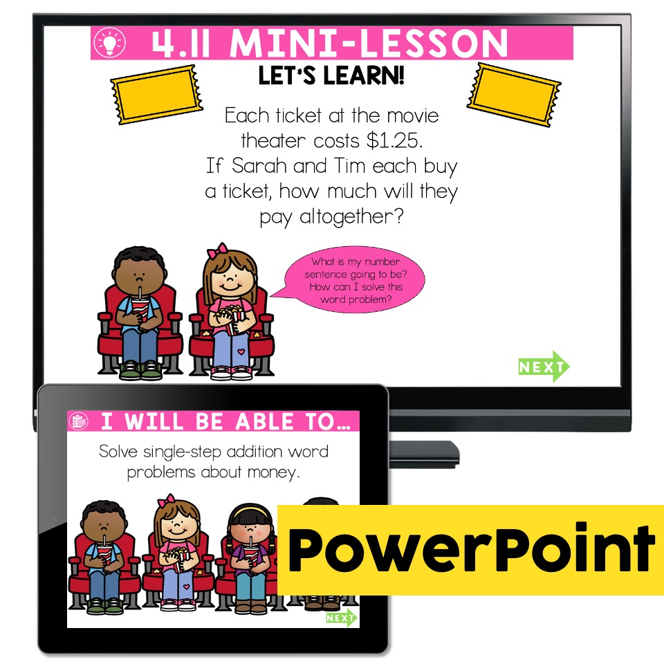 Lucky to Learn Math One Step Addition Money Word Problems Lesson 4.