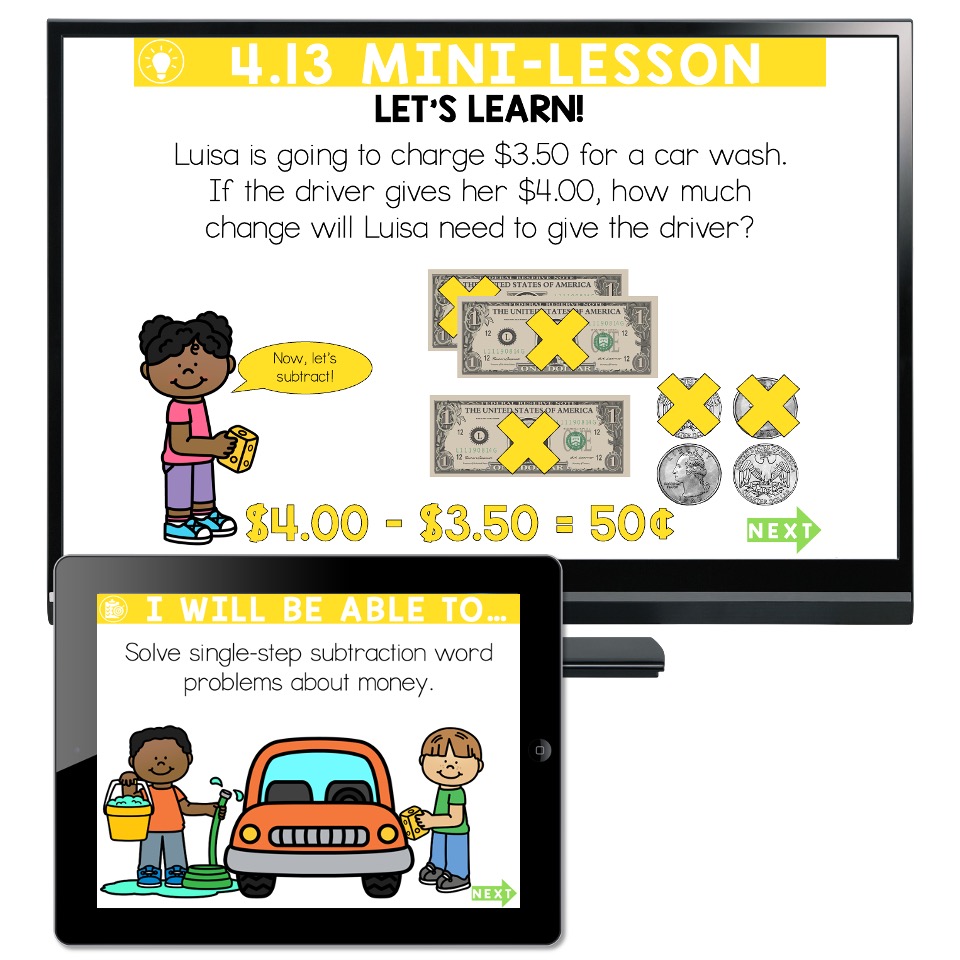 Lucky to Learn Math One Step Subtraction Money Word Problems Lesson