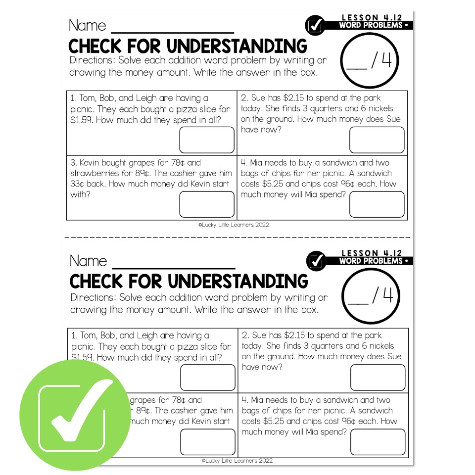 Lucky to Learn Math Two Step Addition Money Word Problems Lesson 4.