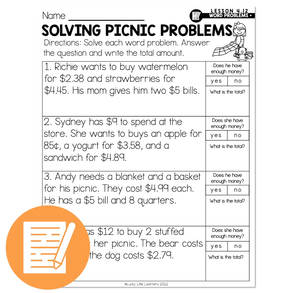 Lucky to Learn Math Two Step Addition Money Word Problems Lesson 4.12 Independent Practice