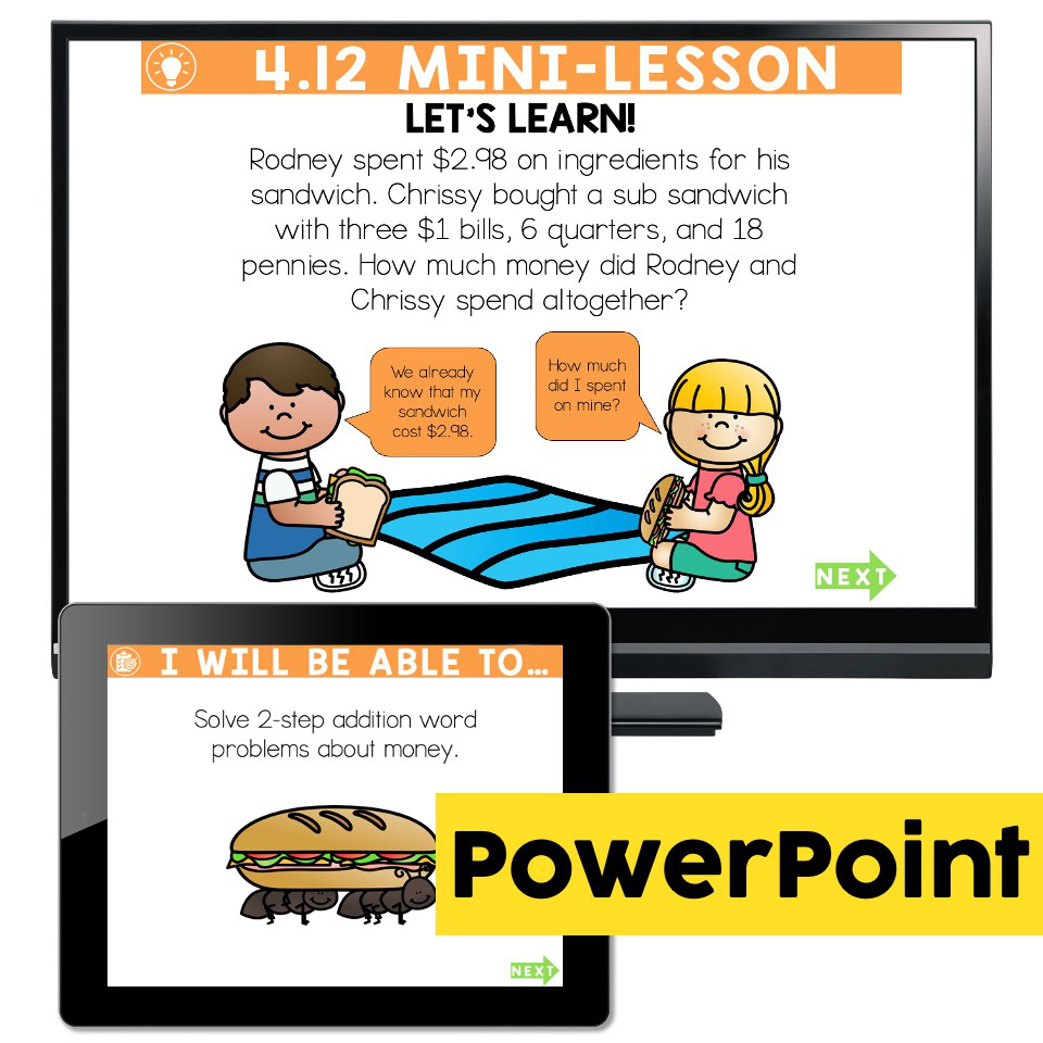 Lucky to Learn Math Two Step Addition Money Word Problems Lesson 4.