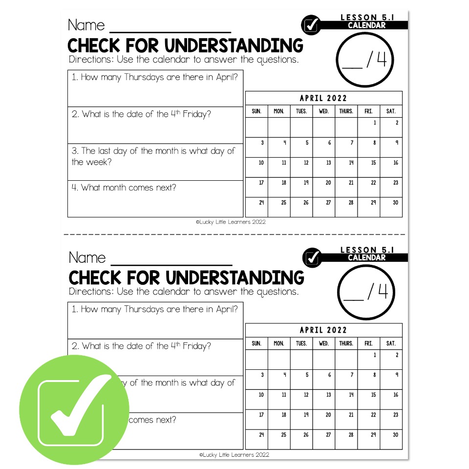 Lucky to Learn Math Lesson 5.1 Telling Time on a Calendar Check