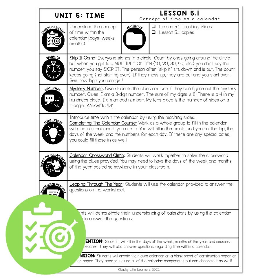 Lucky to Learn Math Lesson 5.1 Telling Time on a Calendar Lesson