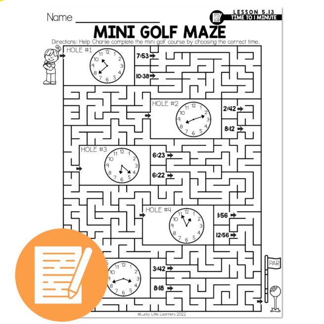 Lucky to Learn Math Lesson 5.13 Time to 1 Minute Independent Practice Mini Golf Maze