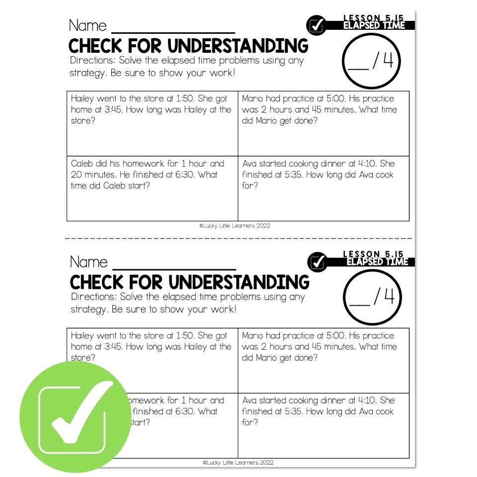Lucky to Learn Math Lesson 5.15 Measure Elapsed Time Check for