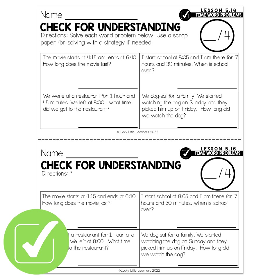 Lucky to Learn Math Lesson 5.16 Time Word Problems Check for