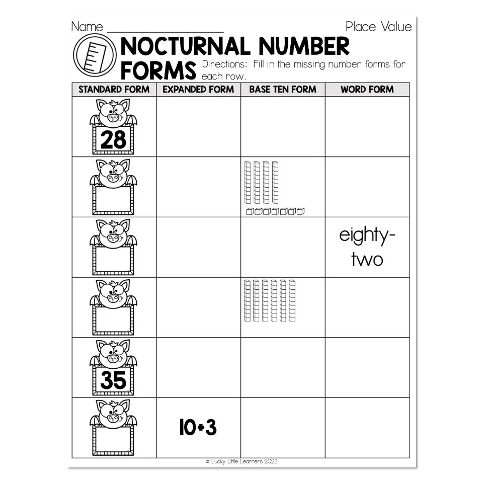 Sub Plans Beginning of Year Math Nocturnal Number Forms 2Digit