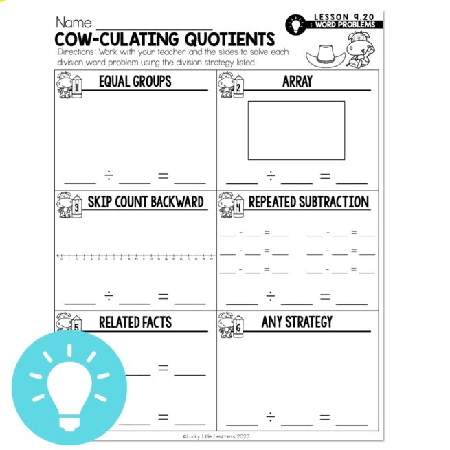 Lucky to Learn Math Lesson 9.20 Division Word Problems Mini Lesson Cowculating
