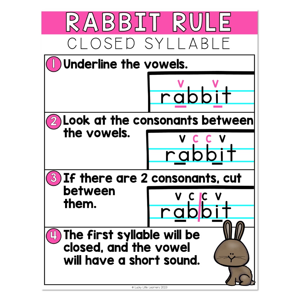 Multisyllable Words Book Anchor Chart Rabbit Rule Closed Syllable