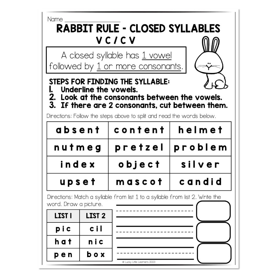 Multisyllable Words Book Rabbit Rule Closed Syllable Reading and