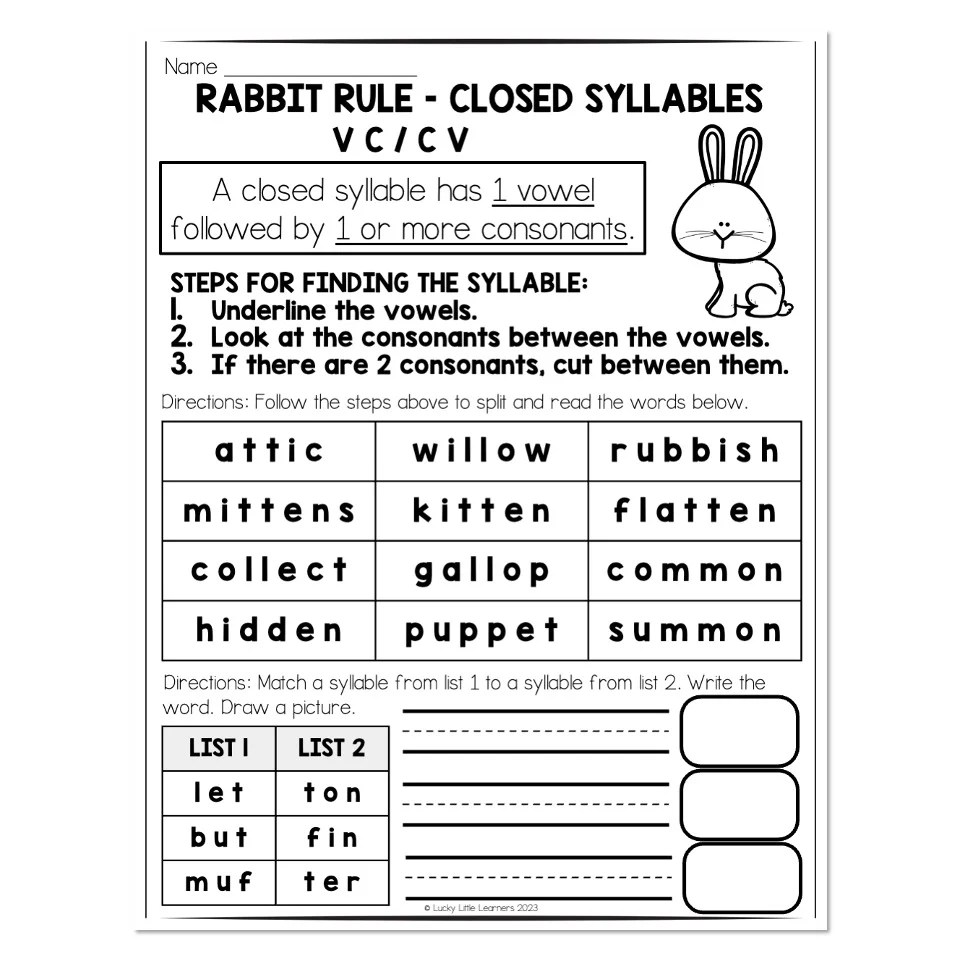 Multisyllable Words Book Rabbit Rule Closed Syllable Reading and