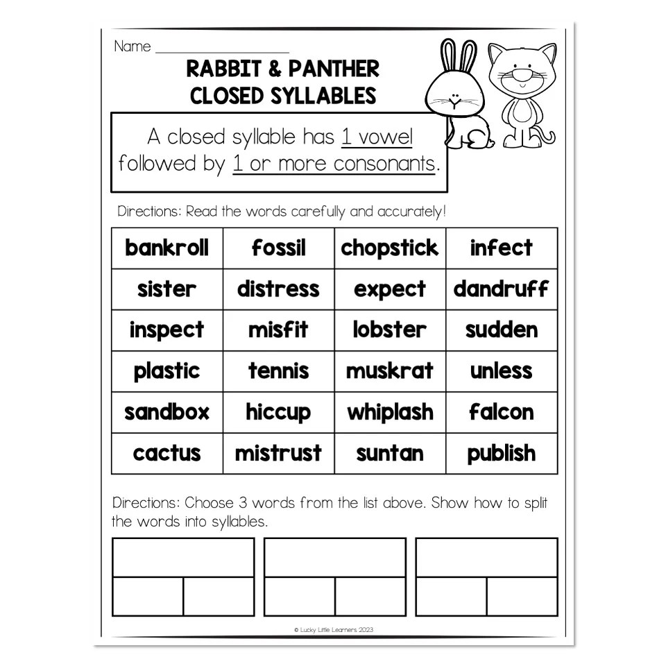 Multisyllable Words Book Rabbit and Panther Rules Closed Syllables