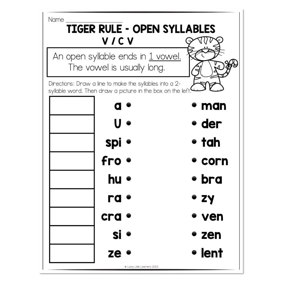 Multisyllable Words Book Tiger Rule Open Syllable Matching