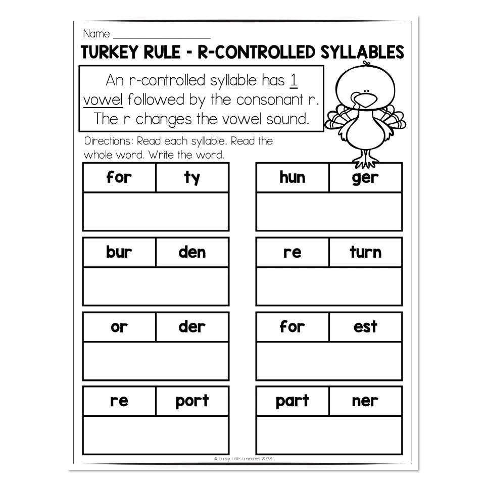 Multisyllable Words Book - Turkey Rule - R-Controlled Syllable