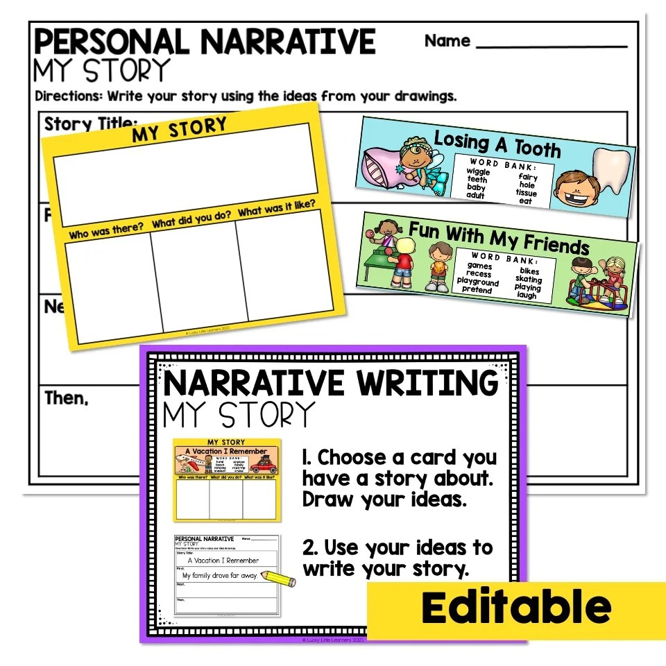 Editable - 1st Grade Writing Center - Narrative Writing - Lucky Little