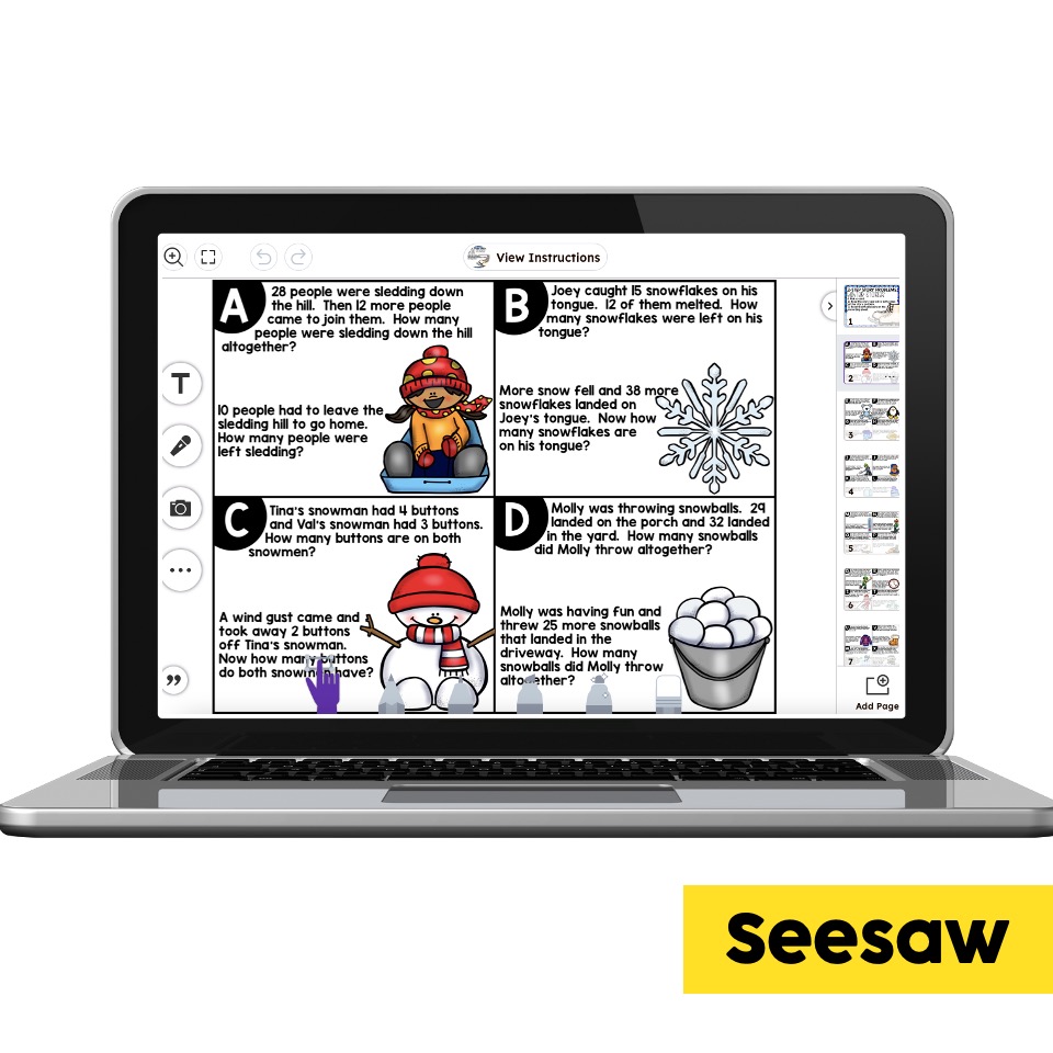 Digital Seesaw 2nd Grade January Math Center 2 Step Story Problems