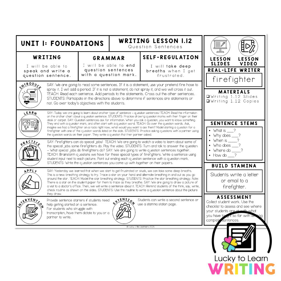 Lucky to Learn Writing Unit 1 Foundations Writing 1.12 Speak and