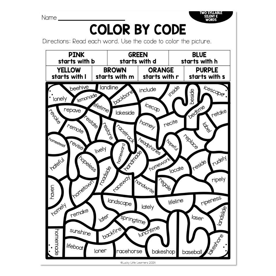 Phonics Color by Code - Two Syllable Silent E Words - Desert - Lucky