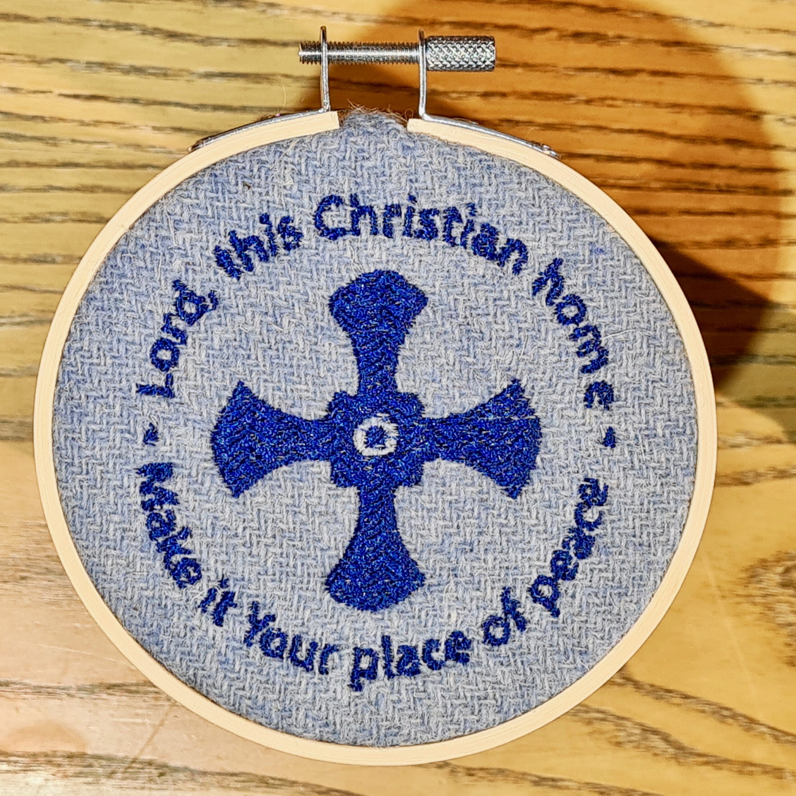 St Cuthbert & St Aidan Embroidery Hoop Blue Thread (Blue Harris Tweed