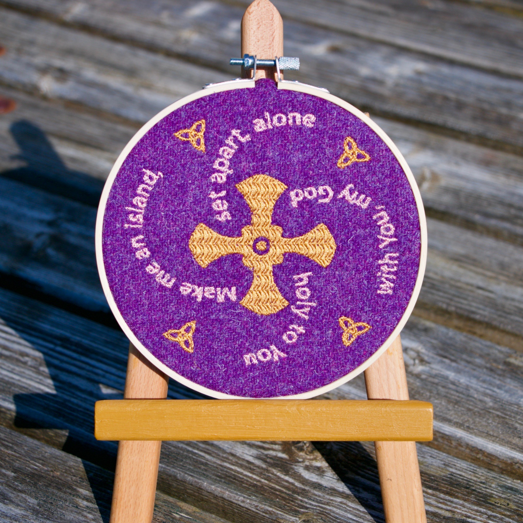 Large St Cuthbert & St Aidan Embroidery Hoop Golden Cross (Purple