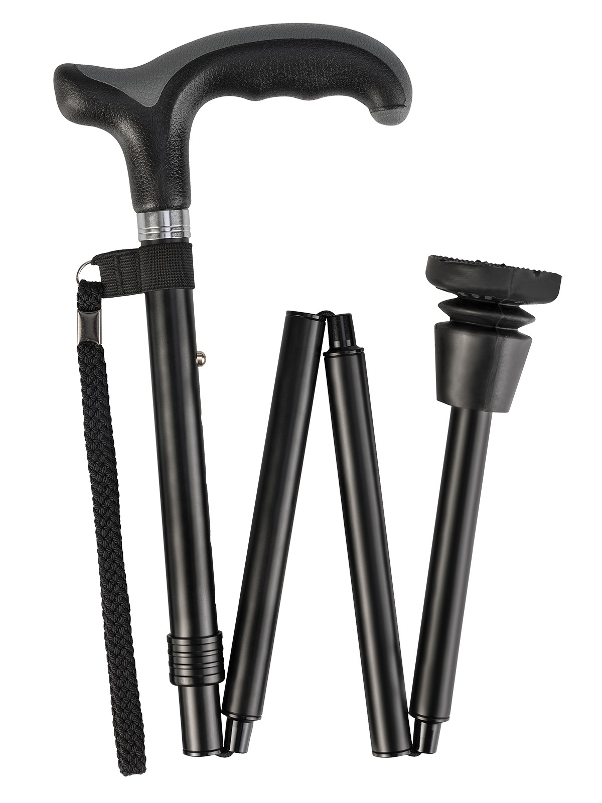 Foldable light metal walking stick in black with Derby grip COMFORT