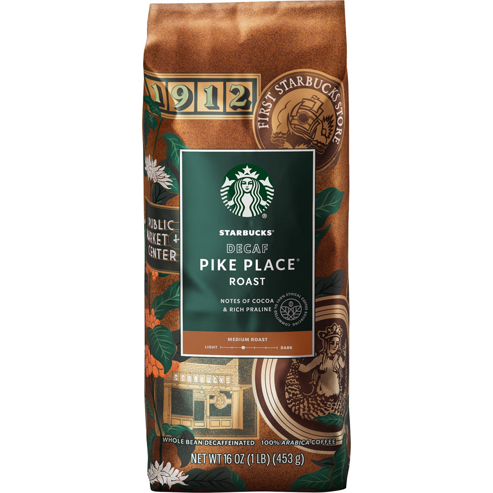 Starbucks Pike Place Decaf Whole Bean Coffee 16oz 6/1lb Bags SPPWB