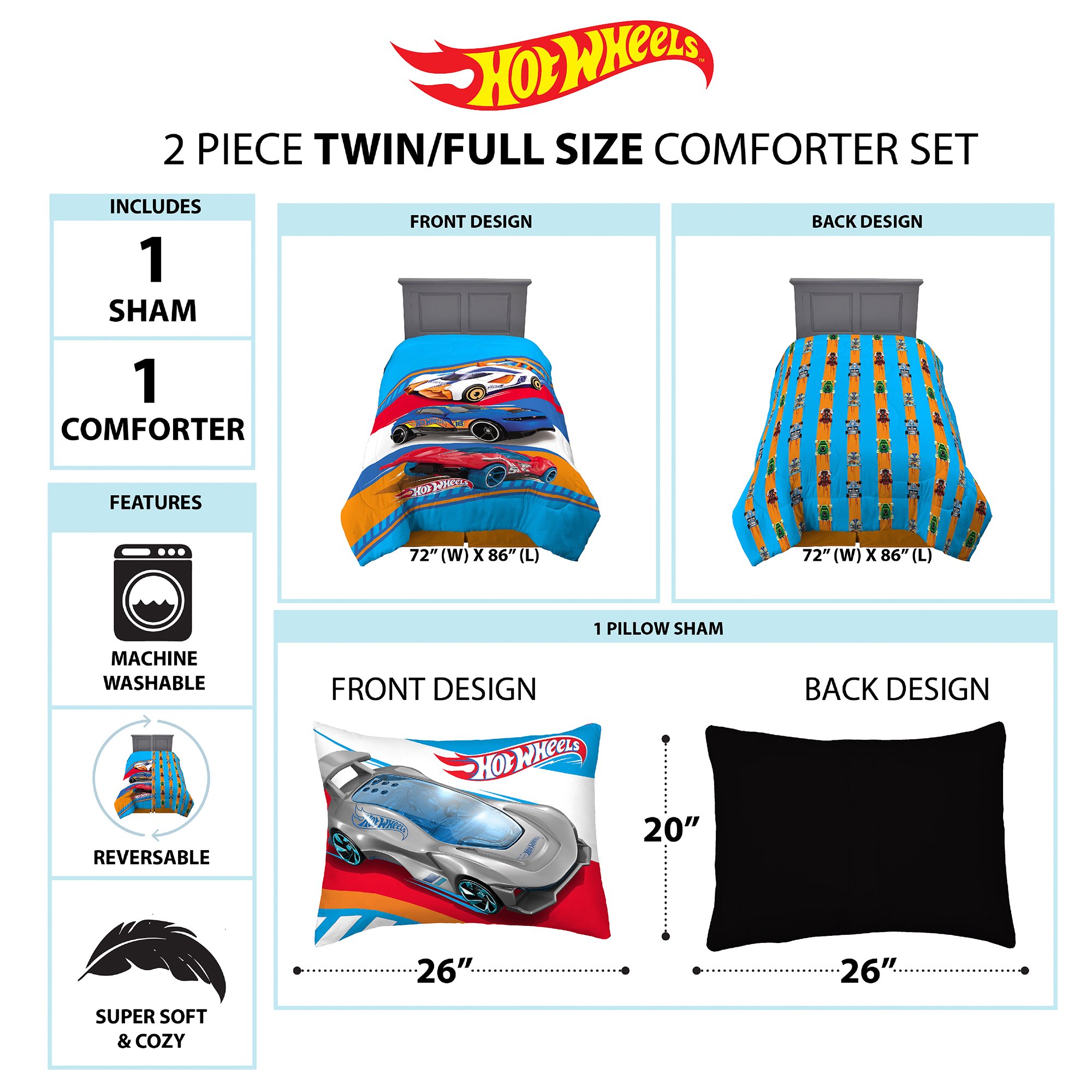 Hot Wheels Kids Comforter and Sham, 2Piece Set, Twin/Full, Reversible