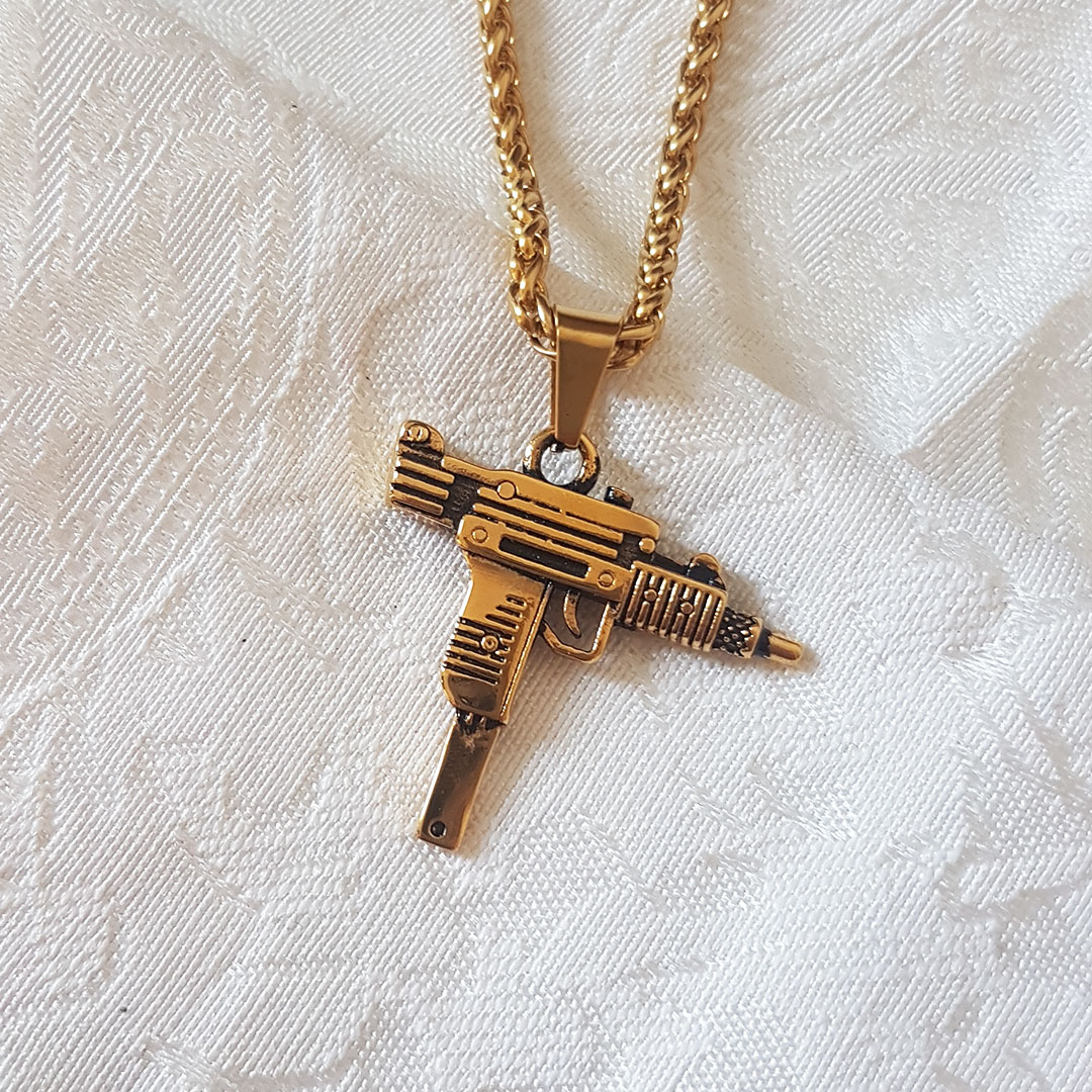 Uzi gun gold necklace