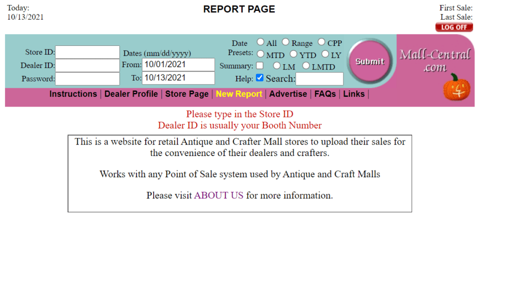 Sales Report Mall central Login