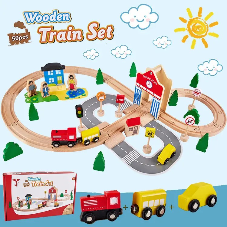 Play Pack Wooden Bulk Track Train Set Slot Toys with Red Brick Bridge