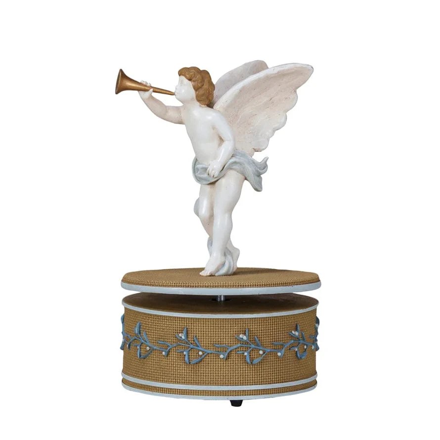 Creative Coop Resin WindUp Cherub Music Box, Plays "Hark! The Herald