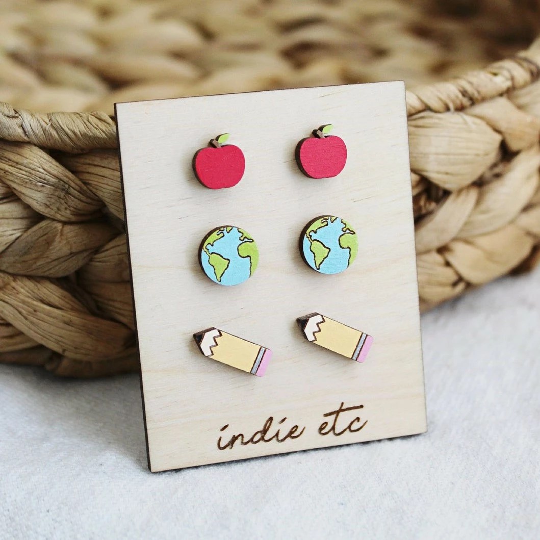 Teacher Earring Set Of Wooden Apple Earrings, Globe Earrings, And