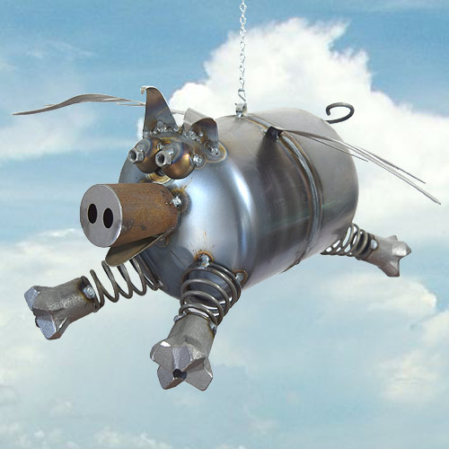Large Flying Pig Reclaimed Metal Garden Sculpture Shop USA Made