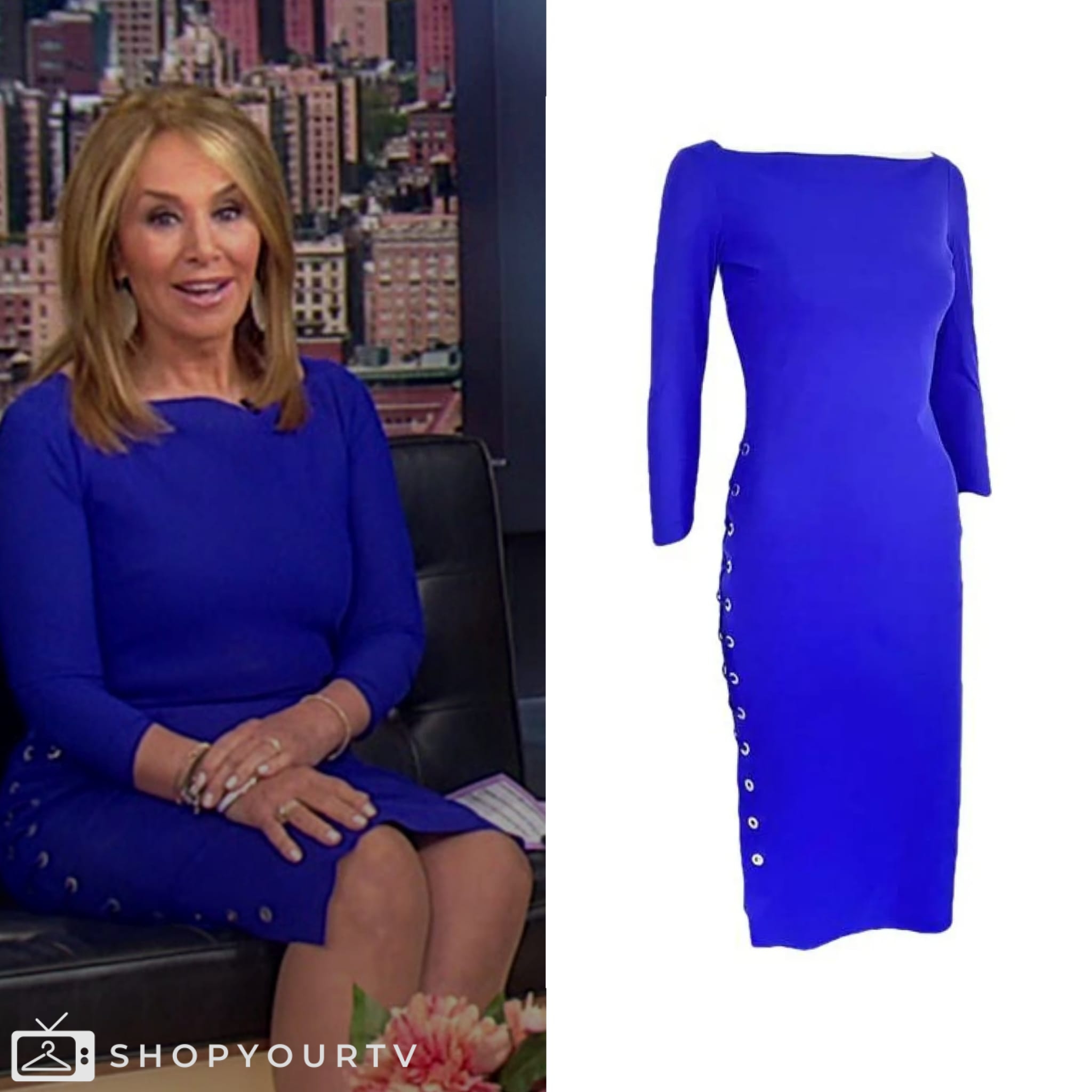 Good Day New York June 2024 Rosanna Scotto’s Blue Side Lace Up Dress