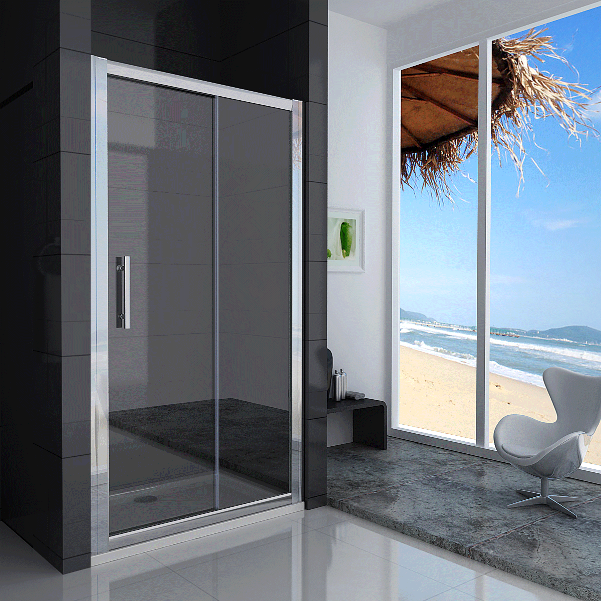 Sliding Shower Enclosure 6/8mm Glass Door Cubicle Side Panel And Stone
