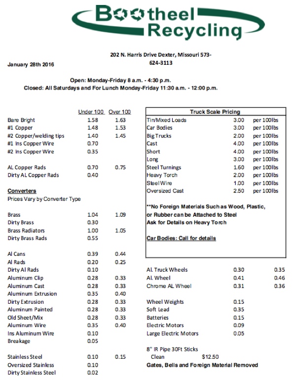 Bootheel Recycling Updated Price Sheet