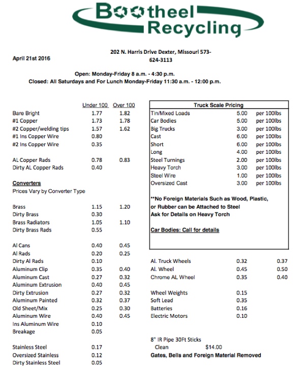 Bootheel Recycling Price Sheet April 21, 2016