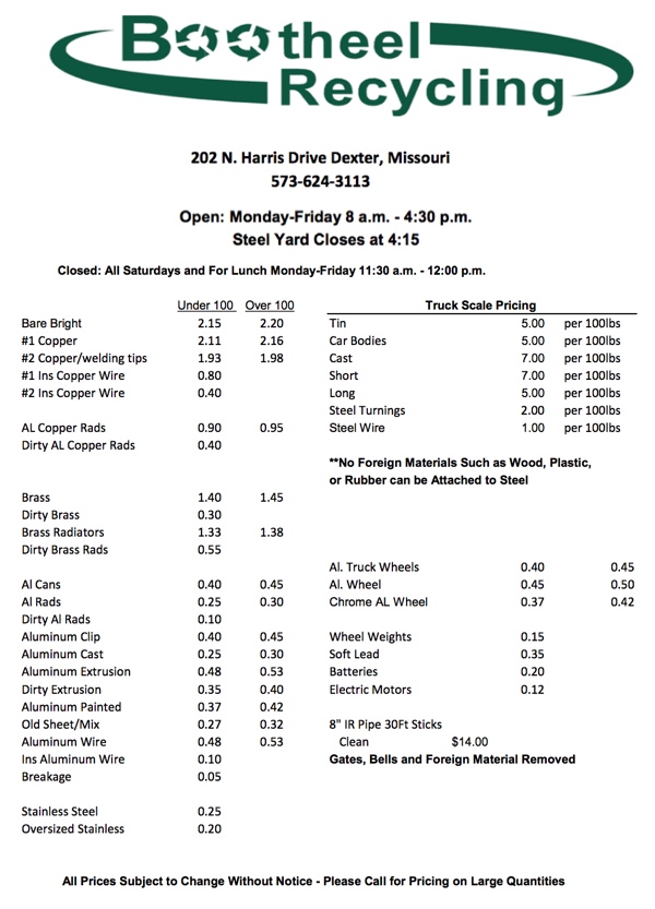 Bootheel Recycling Price Sheet! Save the Environment and Reycle
