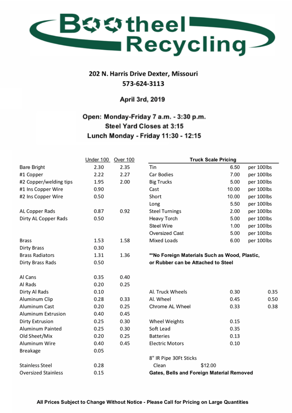 Bootheel Recycling Price Sheet April 3, 2019