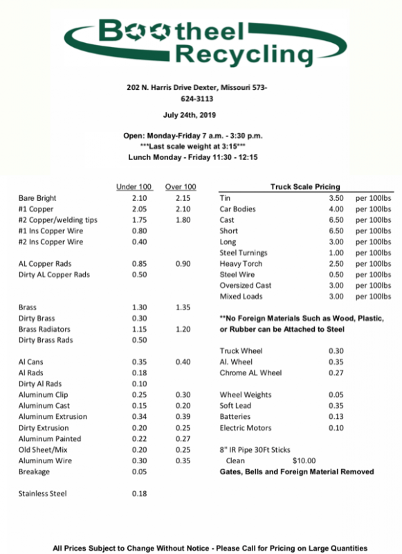 Bootheel Recycling Price Sheet July 24, 2019