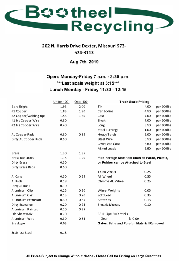 Bootheel Recycling Price Sheet August 7, 2019