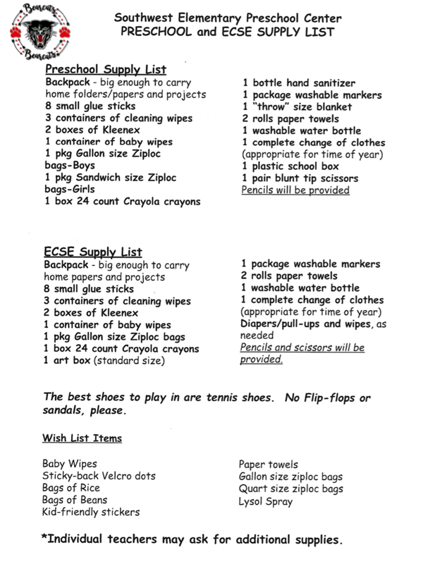 Southwest Elementary Preschool Center Preschool and ECSE Supply List