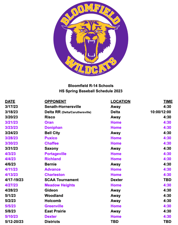 2023 Bloomfield High School Baseball Schedule
